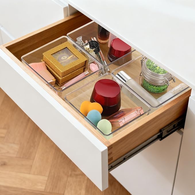 Ohlove 6 Pcs Large Clear Plastic Drawer Organizers Tray 6" x 6" Storage Bins with 25 Pcs Non-Slip Pads for Makeup, Jewelries, Kitchen Utensils, Bathroom and Office