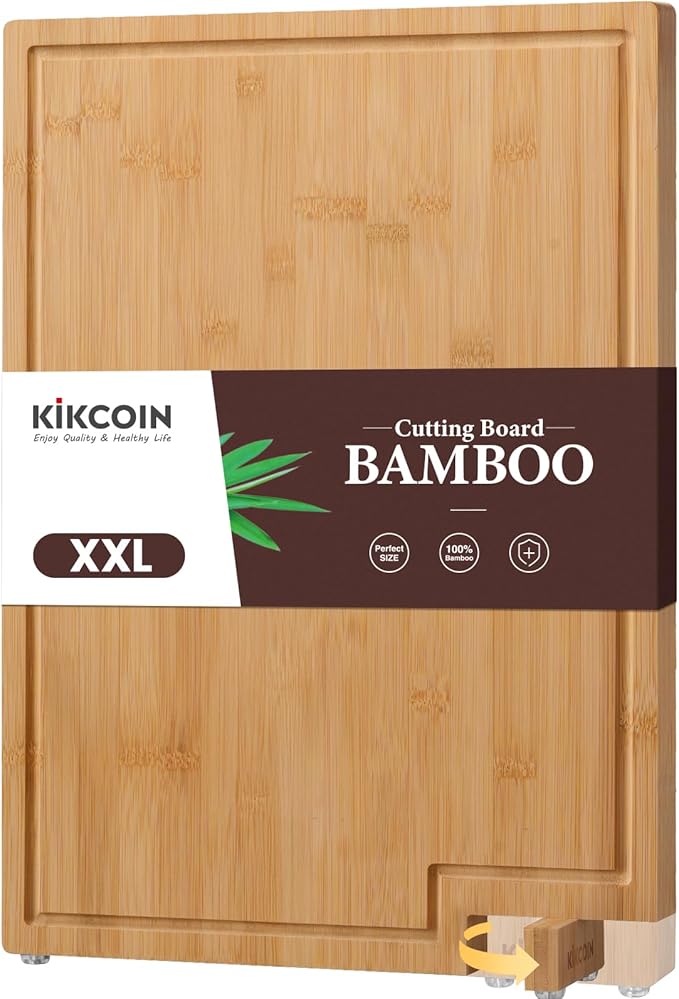Kikcoin Bamboo Cutting Boards for Kitchen, 2XLarge Wood Cutting Board with Rotating Kickstand & Juice Groove, Wooden Chopping Board for Meats Veges Fruits, Heavy Duty Serving Tray, 20 x 14 inch