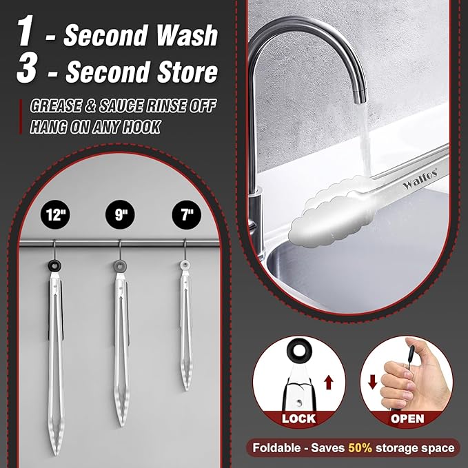 Walfos Stainless Steel Kitchen Tongs for Cooking- 7 ，9 and 12 Inch, Food Grade Metal Tongs for Cooking, BBQ, Set of 3 Heavy Duty Locking Cooking Tongs Non-Slip Grip
