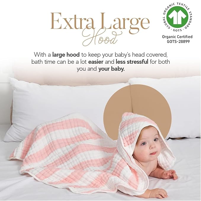 Muslin Hooded Baby Towel 4 Pack, 100% Organic Premium Cotton, (2) 6-Layer 32x32 Bath Towels & (2) Washcloths, Soft Newborn & Infant Gift Set (Pink Stripe & White)