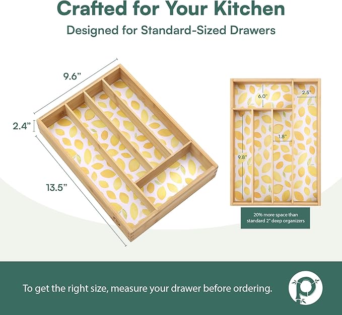 Pristine Bamboo Drawer Organizer - Silverware Organizer with 5 Slots, Lemon Print