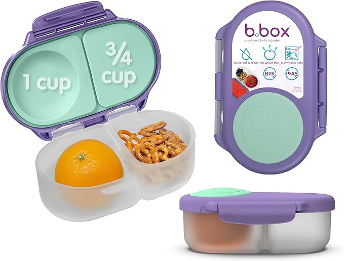 b.box Snack Box - Leakproof Mini Bento Box for Kids & Toddlers, 2 Compartment Snack Containers for Kids, Lunch Containers, Dishwasher Safe, BPA Free, PFAS Free, Ages 4m+, 1 3/4 Cup - Lilac Pop