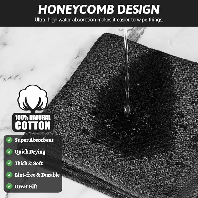 Nialnant 100% Cotton Waffle Weave Kitchen Towels,4 Pack Dish Cloths for Washing Dishes,Dish Towels,Super Soft Absorbent Cleaning Rags-Black, 12 x 12 in