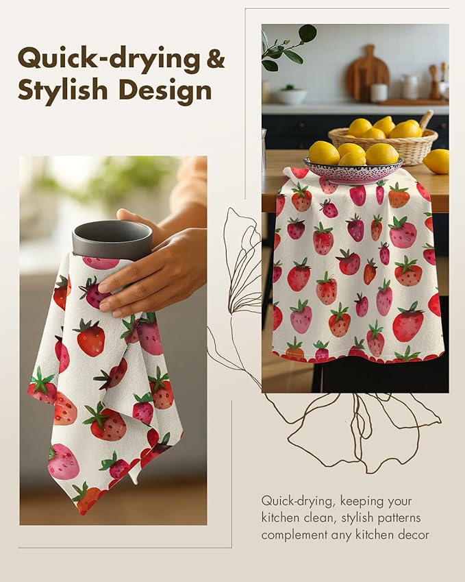 Miss Adola Flour Sack Kitchen Towels - Set of 2 Cotton Dish Towels with Hanging Loop Decorative 18x26 Inch Absorbent Cute Design for Housewarming Gifts, Strawberry