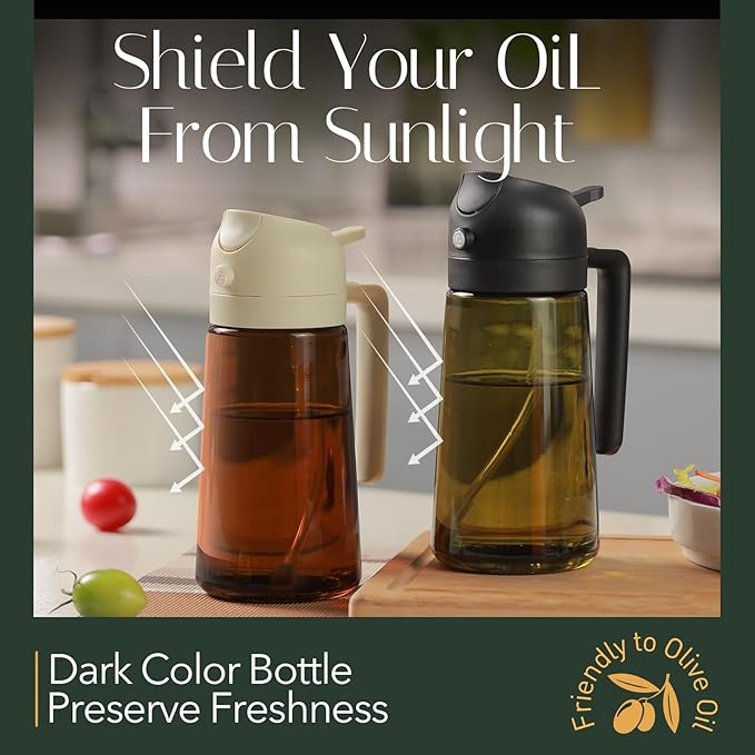 YARRAMATE 16oz/470ml Light-Blocking Dark Oil Sprayer for Cooking, 2 in 1 Olive Oil Dispenser Bottle for Kitchen,Dark Green Glass Oil Bottle, Food-Grade Oil Mister for Air Fryer, BBQ (LotusRootPink)