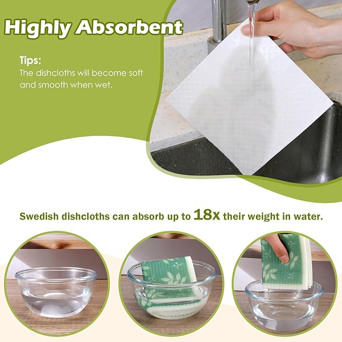 6 Packs Swedish Paper Cloths for Kitchen, Reusable Paper Towels Washable Dish Rags, Highly Absorbent Kitchen Towels Quick Drying Swedish Sponge Cleaning Dish Cloths(Green Plant Leaves)