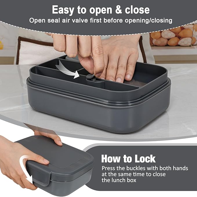 Caperci Stackable Bento Lunch Box for Adult & Teens - Reinforced Leak-Proof Lunch Container 4-Compartment with Utensils & Sauce Container, BPA-Free, Dishwasher/Microwave Safe, 47oz (Dark Gray)