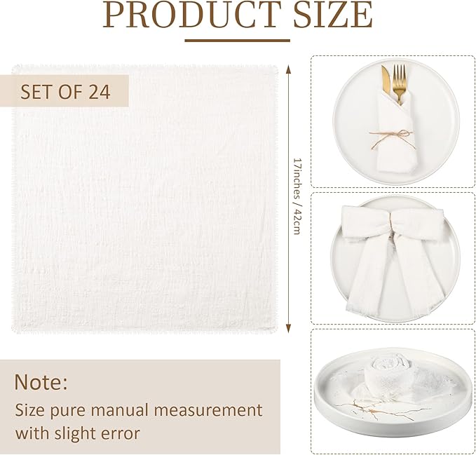 Preboun 24 Pcs Fringe Napkins Bulk Cloth Cotton Soft 17 x 17 Inch Rustic Reusable Washable Festive Square Table Napkins with Fringe for Parties Wedding Restaurant Table Accessory(White)