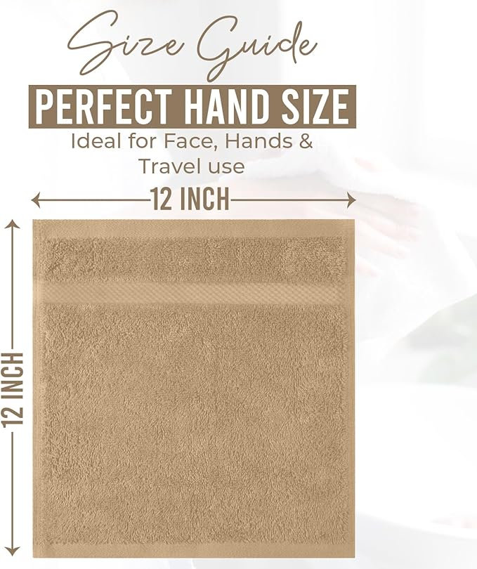 DAN RIVER 12-Pack Premium 100% Cotton Tan Face Towels for Bathroom - Reusable Face Wash Cloths for Showering 12x12 Inches - 550 GSM Super Soft & Absorbent Luxury WashCloths for Body, Spa & Gym