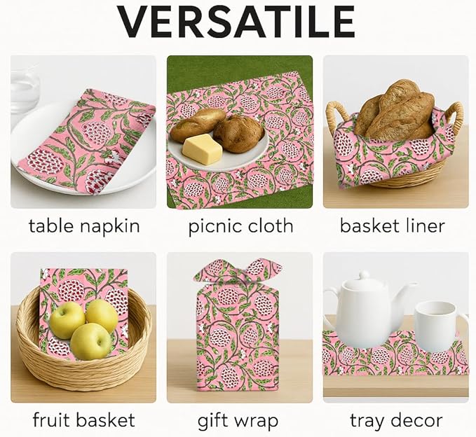 Ridhi Strawberry Pink Hand Block Print 100% Cotton Napkins 18" x 18" (Set of 4) Reuseable Kitchen Napkins Cloth Decor Dinner Party Wedding Cocktail Gift for Spring, Easter, Valentine