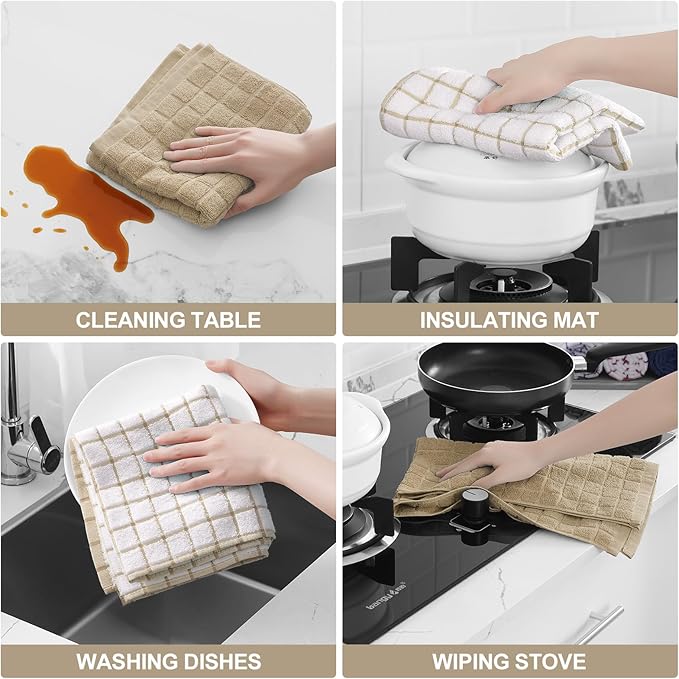 Homaxy Premium Cotton Kitchen Towels 16"x 28", Large Natural Ring Spun 390 GSM Dish Towels, Super Absorbent Terry Kitchen Hand Towels, Soft Tea Towels with Hanging Loop, Tan Check Design, 8 Pack