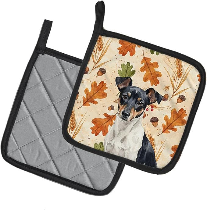 Caroline's Treasures Black and White Rat Terrier Heirloom Fall Pair of Pot Holders Pair 7.5x7.5 Quilted Insulated Hot Pads Decorative Kitchen Gift Made in USA