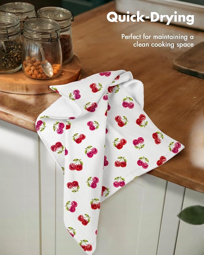 Miss Adola 2pcs Waffle Kitchen Towels - 16x26 Inch Cotton Waffle Weave Dish Cloths Set of 2 with Hanging Loop Absorbent Hand Tea Towels Cute Design for Housewarming Gift, Cherry