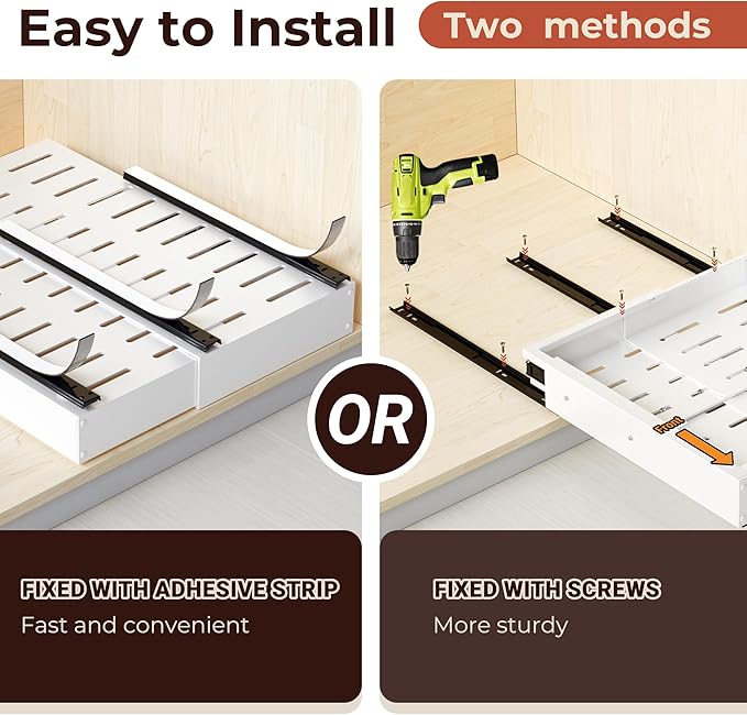 2 Pack Pull Out Drawers for Cabinets, Slide Out Drawer Expandable Width (10"-15") and Depth (11"-17") With 3 Slides, Fixed with Adhesive Film & Nail for Cabinets in Kitchen, Pantry or Bathroom - White