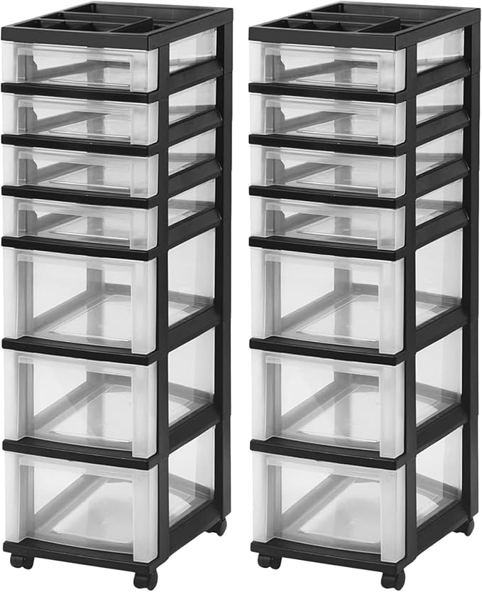IRIS USA Plastic Drawer Storage Organizer Rolling Cart, 2-Pack, with Wheels Casters, 7-Drawers, for Classroom Art Craft Supplies Dresser Closet Bathroom Laundry Room, White