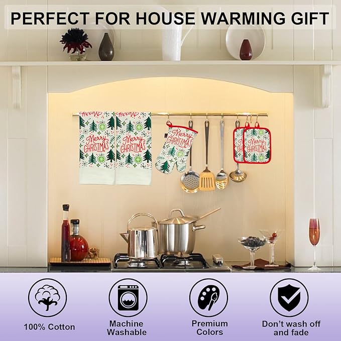 Oven Mitts and Potholders Dish Towles Set 100% Cotton for Perfect for Gifting, Baking and Everyday Cooking Durable Heat Resistant for Kitchen (5-Piece Merry Christmas)