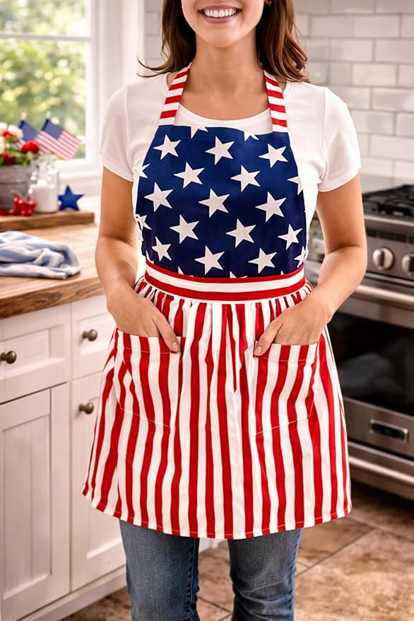 C&F Home American Flag Stars & Stripes 100% Cotton Cooking Baking Kitchen Apron w/Pockets All Seasons Summer Patriotic 4th of July USA Americana Adjustable Straps Costume Culinary Outfit Apparel