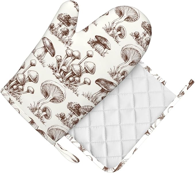 Vintage Mushroom Oven Mitts and Pot Holders Set of 2 Silicone Heat Resistant Oven Mitten Potholders Non Slip Gloves Kitchen Decor for BBQ Cooking Grilling Baking