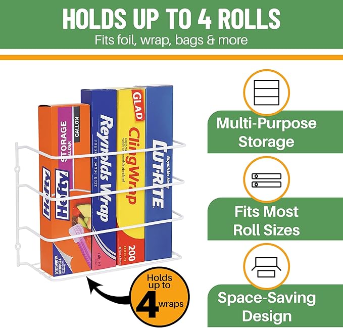 Evelots Kitchen Wrap Organizer - 2 Pack - Hold up to 4 Plastic, Foil, Paper, Wax - Cabinet Door, Wall Rack Basket - Sandwich, Freezer, Food Bag Storage - Laundry Supplies - Plastic Coated Metal