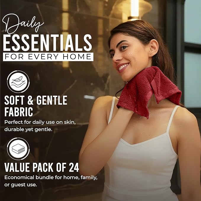 RIVERSIDE Pack of 24 Wash Cloths for Showering, 12 x 12 Inches, Super Soft & Absorbent, 100% Cotton Washcloths Premium Quality Flannel Face Cloths for Bathroom, Gym, Spa (Classic Red, 24 Pack)