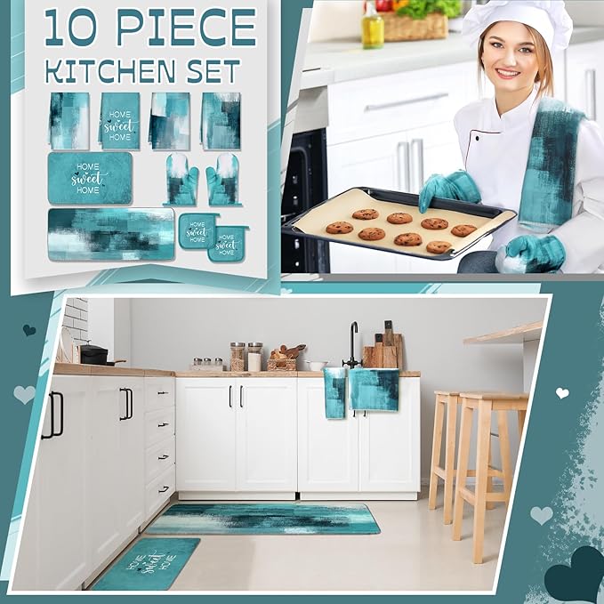 Fourluoo 10 Pcs Teal Turquoise Oven Mitts and Pot Holders Kitchen Decor and Accessories Set Turquoise Kitchen Towels Modern Boho Oven Gloves for Home Decorations Cooking Baking Housewarming Gifts
