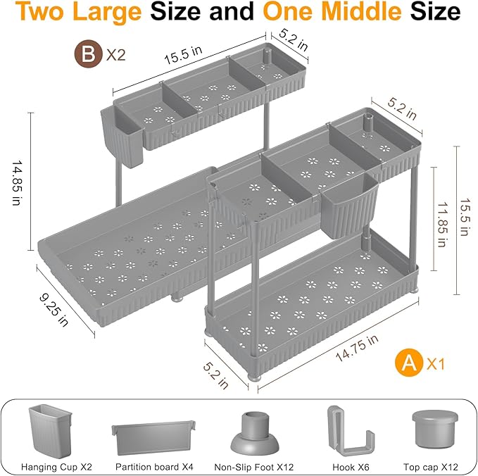 Sevenblue 3 Pack Multi-Purpose Under Sink Organizers and Storage, 2026 L-Shaped Pull Out Cabinet Organizer for Bathroom & Kitchen, Under Cabinet Organizer with Hooks Hanging Cup (Grey, 14.85 inch)