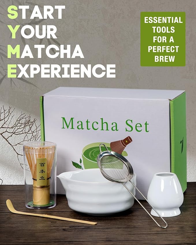 White Matcha Whisk Set - 5PCS Matcha Set Includes 17OZ Chawan with Spout, Bamboo Chasen Whisk with Ceramic Holder, Mat cha Scoop and Stainless Sifter, Matcha Kit for Ceremony, Gift for Matcha Lovers