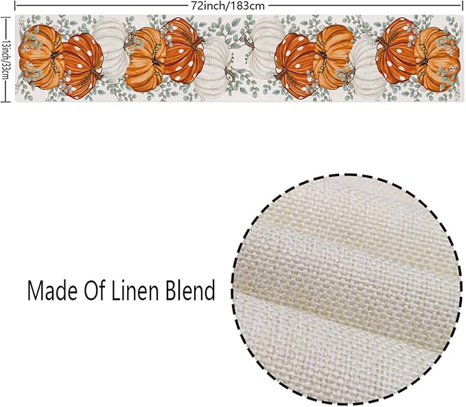 ONFAON Fall Decorations for Home, Fall Table Runner 13x72 Inch, Pumpkins Eucalyptus Leaves Thanksgiving Farmhouse Decor Table Decoration for Kitchen Dinning, Indoor Outdoor Dinner Party ZQZX02