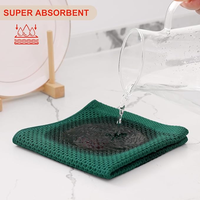 Kitinjoy 100% Cotton Kitchen Dish Cloths (12 X 12 Inches, Dark Green), 12 Pack Waffle Weave Ultra Soft Absorbent Dish Towels for Drying Dishes Quick Drying Kitchen Towels Dish Rags