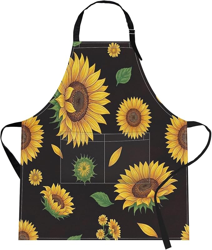 Britimes Apron Home Kitchen Cooking Baking Gardening for Women Men with Pockets Sunflowers Floral Flowers Leaf Vintage 32x28 inch