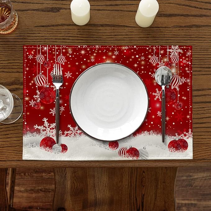 Ansouyi Placemats Set of 6, Red Snowflakes Christmas Balls Washable Heat Resistant Linen Table Mats, Kitchen Decor Non-Slip Place Mats for Party Dining, 12x18 Inch