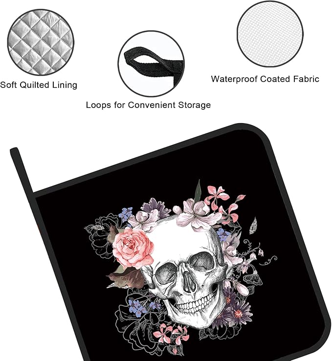 Skull with Flowers Pot Holders Set of 2 Kitchen Heat Resistant Potholder for Microwave Cooking Baking Oven End Dishes and BBQ