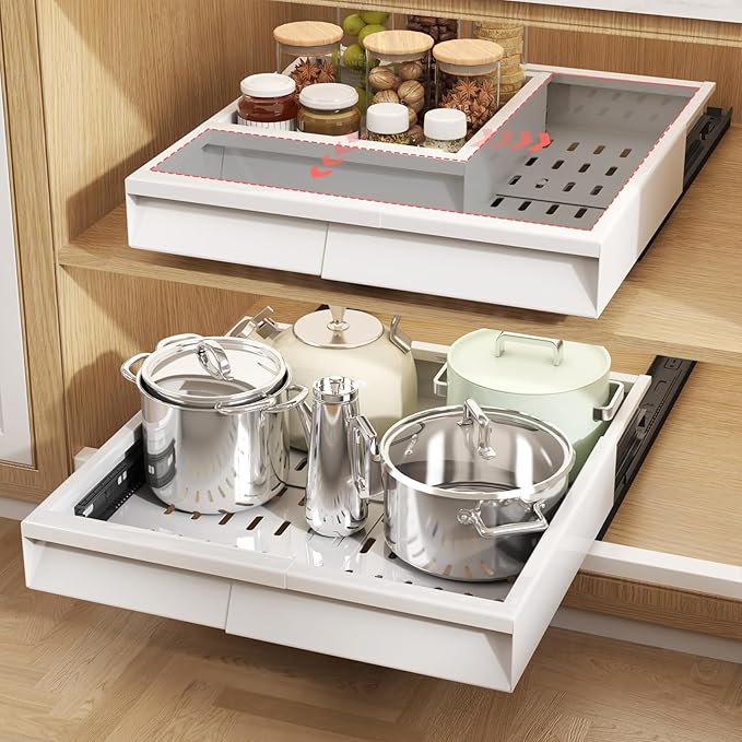 Seinloes 2 Pack Pull Out Cabinet Organizer With Raising Pad for Framed Cabinets,Expandable Width (11"-16") and Depth (13"-17"),3 Slide Rails Slide Out Drawers with Handle,No-Drill Roll Out Shelf,White