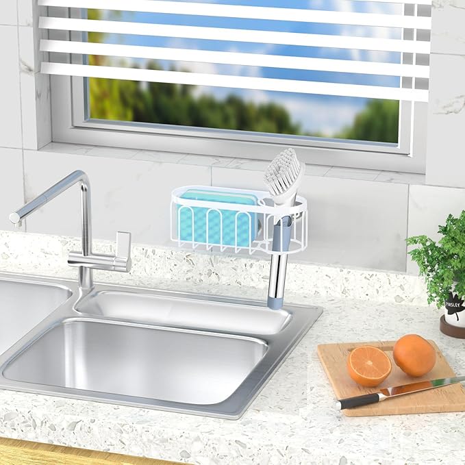Yazoni 2-in-1 Sponge Holder for Kitchen Sink, Sink Caddy Kitchen Sink Organizer with 3 Suction Cups, No Drill Rustproof Sink Sponge Holder for Dish Brush, Soap & Sponge (White)