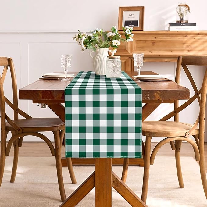 Green and White Gingham Table Runner Golf Let's Partee Checkered Decoration Hunting Christmas St. Patrick's Day BBQ Picnic Home Kitchen Table Decor