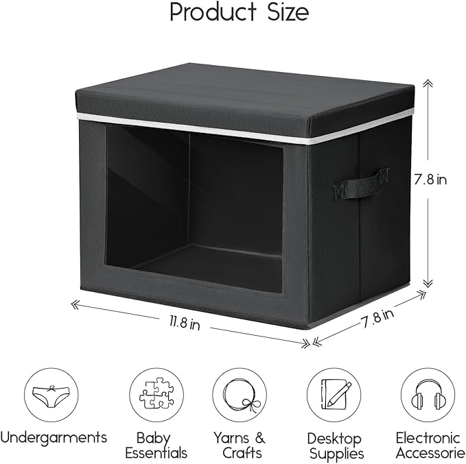 Homsorout Storage Bins with Lids - Small Fabric Organizers with Window, Collapsible Storage Bins for Clothes, Decorative Closet Organizers for Towels, Tshirt, 3 Pack, Black