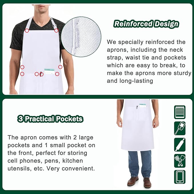 3 Pack Black White Chef Apron, Adjustable Kitchen Apron with 3 Pocket for Men Women Waitress Waiter Serve (Polycotton)