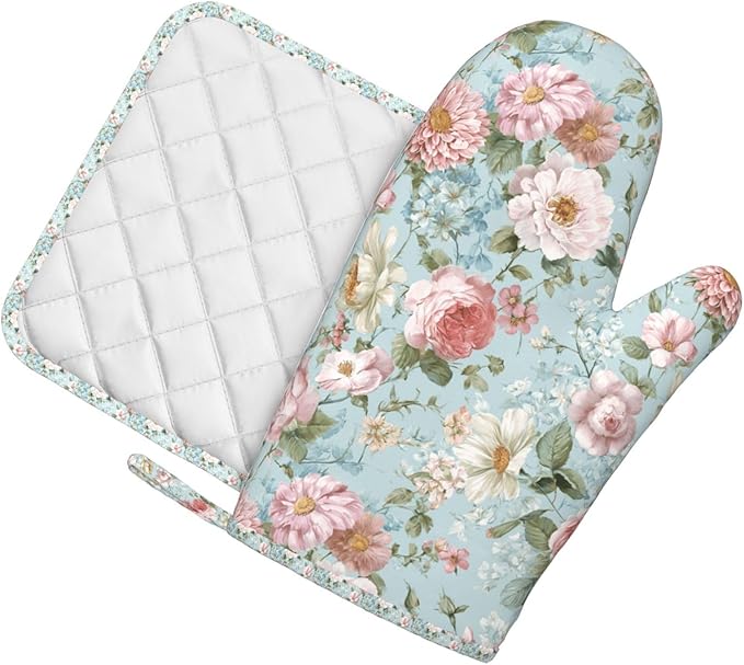 Oven Mitts and Pot Holders Flower Vintage Peony Floral Silicone Kitchen Accessories Set of 2 Heat Resistant Long Gloves Potholder Non-Slip Grip for Chef Cooking,Baking,Grilling,BBQ