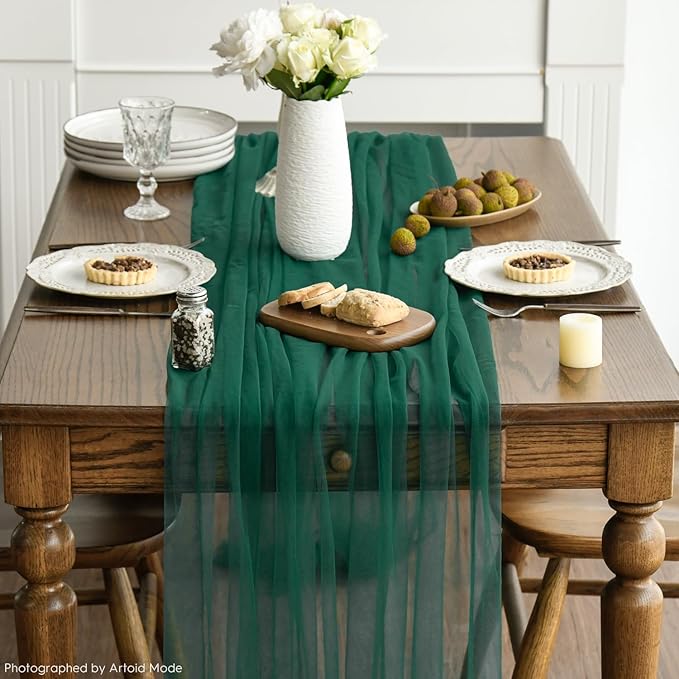 Artoid Mode Dark Green Gauze Table Runner 120 Inch 10FT, Seasonal Sheer Kitchen Dining Holiday Wedding Birthday Baby Shower Table Decor for Home Party