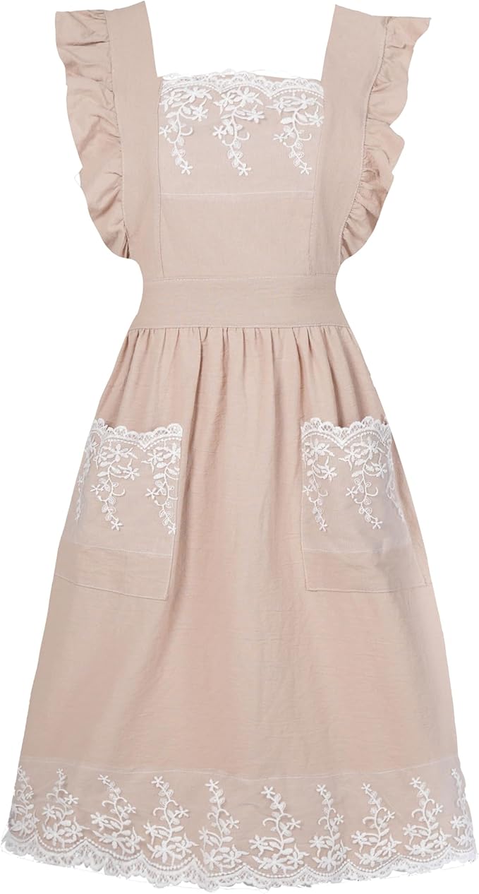 Aoomzoon Vintage Aprons for Women with Pockets Cute Lace Ruffle Adjustable Apron for Cooking Kitchen Baking Gardening