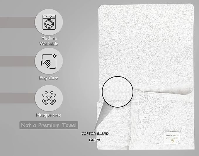 GOLD TEXTILES 36 Pack White Small Bath Towels 20x40 Inches - Cotton Blend Economy Cheap Bulk Bath Towels for Commercial Uses, Gym, Salon, Spa & Hair- Lightweight Quick Drying (36 White)