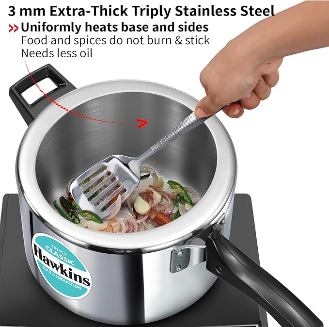 Hawkins Classic 5 Litre Tri-Ply Pressure Cooker, Triply Stainless Steel Inner Lid Cooker, Silver (SSTCL50)