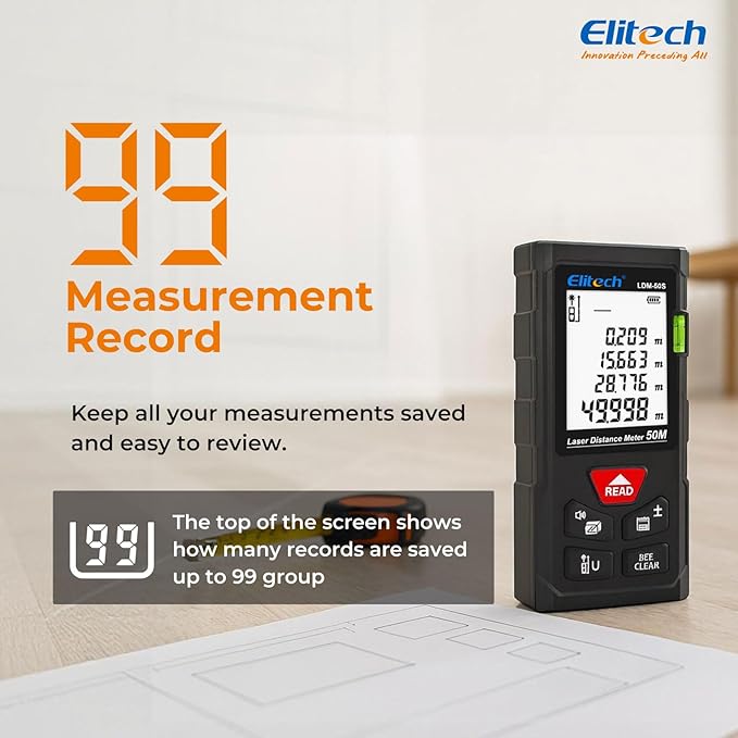 Elitech Laser Measure 165ft, Digital Laser Tape Measure for Home Decor & DIY, Handheld Distance Meter with Bubble Level, 99 Data Memory - Easier Than Metal Tape (Battery & Hand Strap Included)