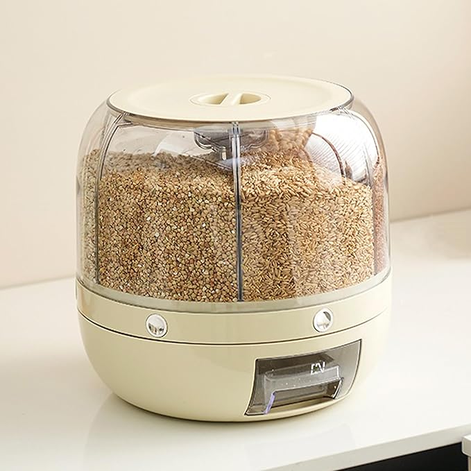 Rotating Grain Storage Bin - 6 Grids 22LBS Capacity Rice Food Dispenser with One-Click Output & Moisture-Proof Design, Kitchen Countertop Pantry Organizer for Rice, Beans, Cereals (Large)
