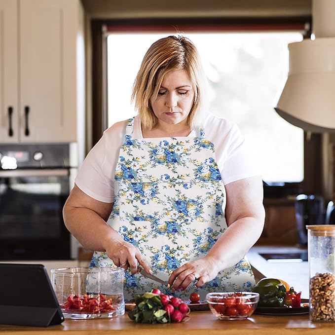 Sanlykate Extra Large Canvas Cotton Apron for Men & Women, Plus Size Durable Aprons with 2 Pockets, Adjustable Bib Machine Washable Oversized Aprons for Baking, Cooking, Painting - Blue Rose