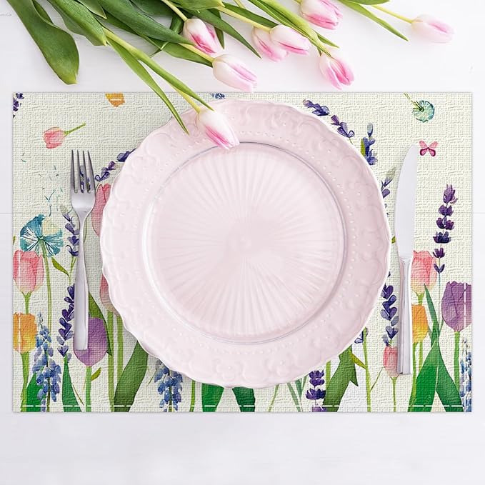 Niviy Floral Spring Placemats Set of 6, Easter Placemats Tulip Butterfly Table Mats Spring Table Decorations for Home Party 12x18 Inch