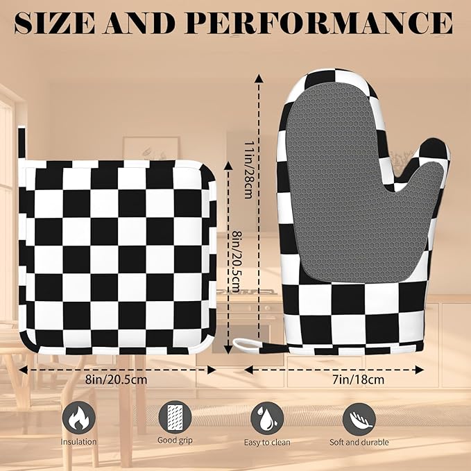 Checkerboard Oven Mitt and Pot Holder with Silicone Heat Resistant Kitchen for Cooking BBQ Baking Grilling Cooking Protection