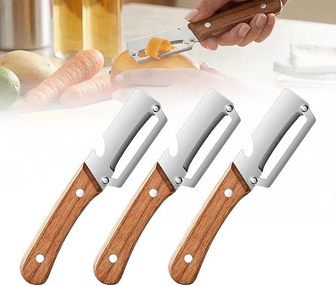 2026 Upgrade 2-in-1 Vegetable Peeler with Bottle Opener, Stainless Steel Peeler for Kitchen with Wooden Handle, Multifunctional Potato Peeler for Fruit Veggie Pumpkin Sugarcane Papaya Carrot (3pcs)