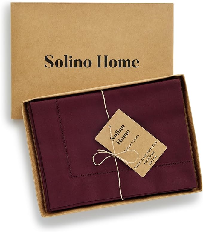 Solino Home Wine Placemats Set of 4 - Cotton Linen Hemstitch Placemats 14 x 19 Inch for Mothers Day