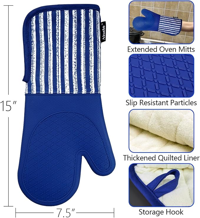 Alselo Silicone Oven Mitts Heat Resistant 932℉ with Waterproof & Non-Slip Kitchen Mittens, Set of 2 Extra Long Oven Gloves with Soft Cotton Terry Lining for Baking Cooking Barbecue (Cobait Blue, 2)